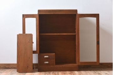 レトロ家具　モールガラス入りアンティーク本箱(ブックケース)　昭和レトロ