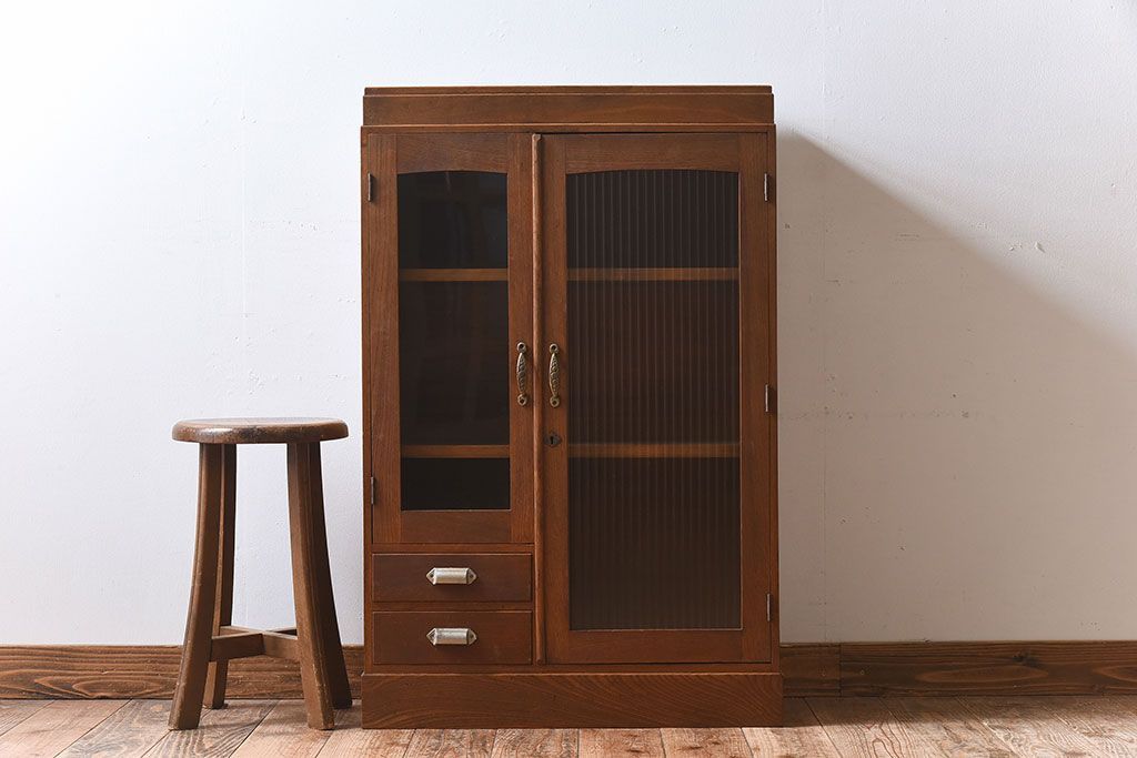 レトロ家具　モールガラス入りアンティーク本箱(ブックケース)　昭和レトロ