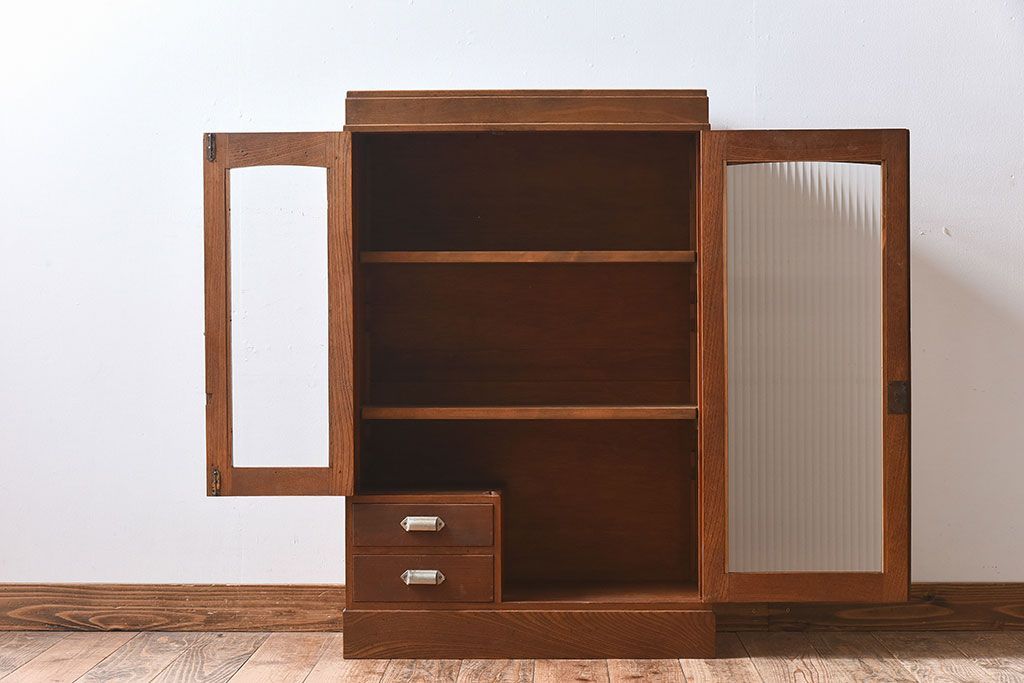 レトロ家具　モールガラス入りアンティーク本箱(ブックケース)　昭和レトロ