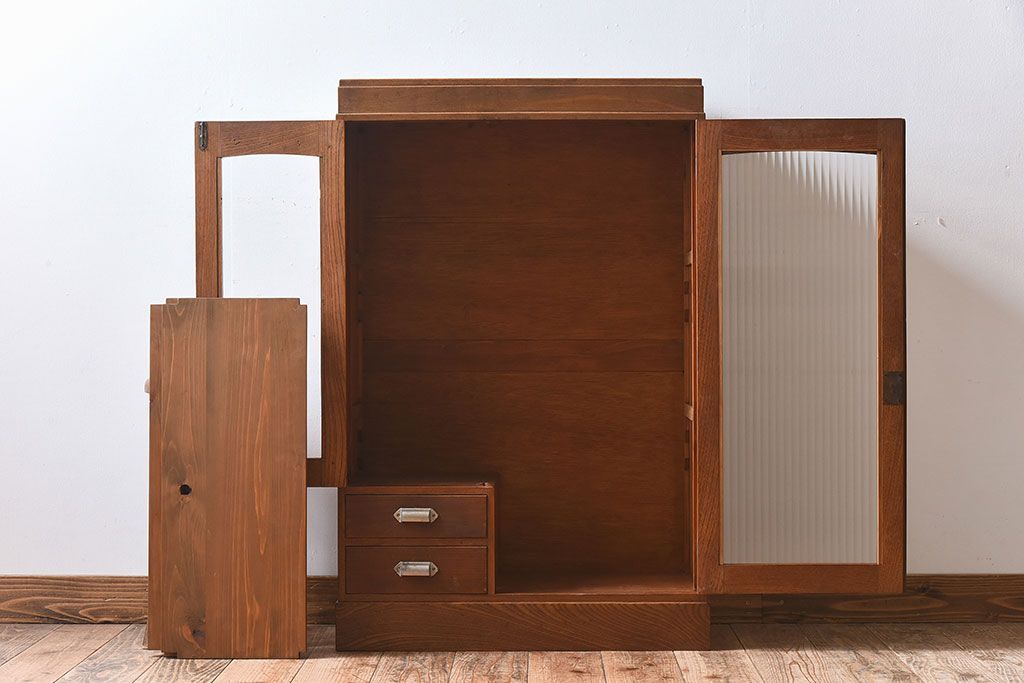 レトロ家具　モールガラス入りアンティーク本箱(ブックケース)　昭和レトロ