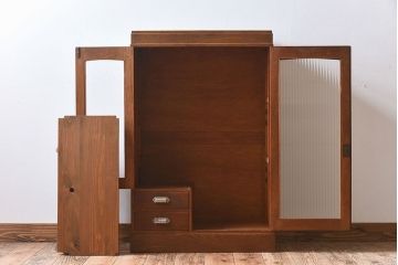 レトロ家具　モールガラス入りアンティーク本箱(ブックケース)　昭和レトロ