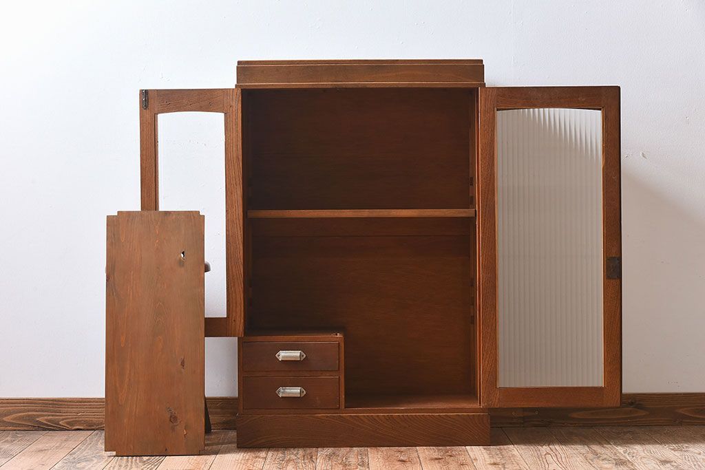 レトロ家具　モールガラス入りアンティーク本箱(ブックケース)　昭和レトロ