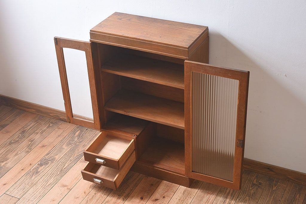 レトロ家具　モールガラス入りアンティーク本箱(ブックケース)　昭和レトロ