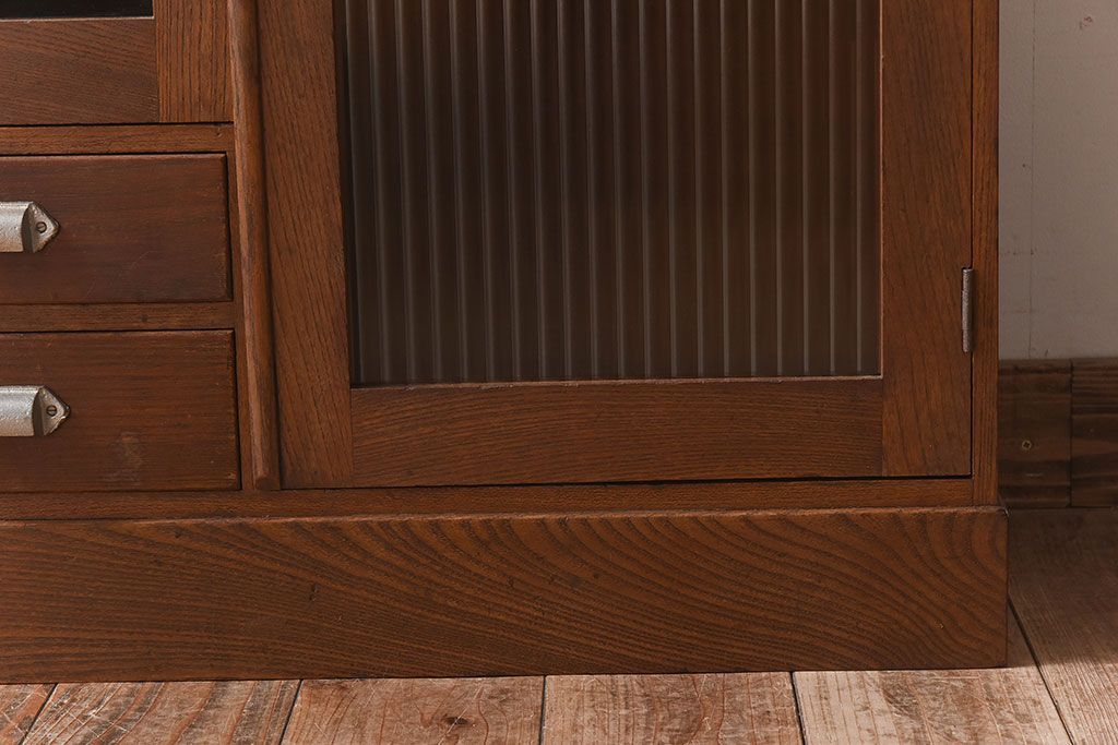 レトロ家具　モールガラス入りアンティーク本箱(ブックケース)　昭和レトロ