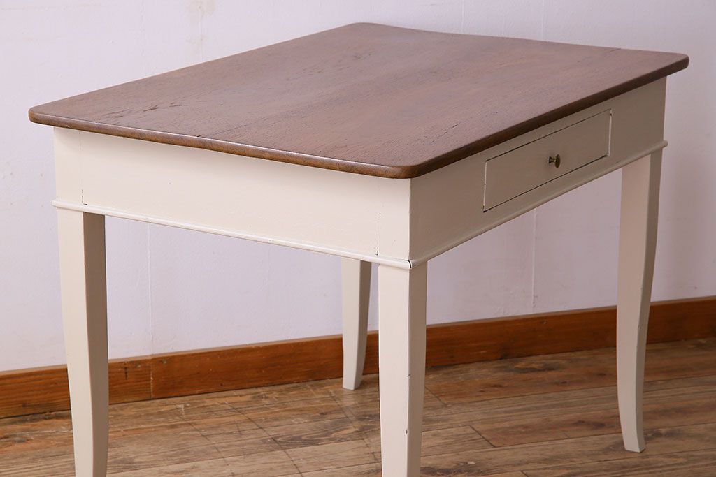 アンティーク家具　フランスアンティーク　引き出し付き!小ぶりなペイントダイニングテーブル(デスク)