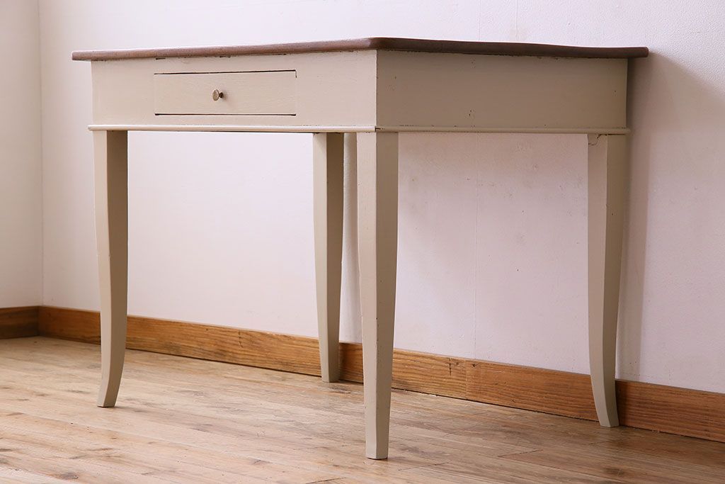 アンティーク家具　フランスアンティーク　引き出し付き!小ぶりなペイントダイニングテーブル(デスク)