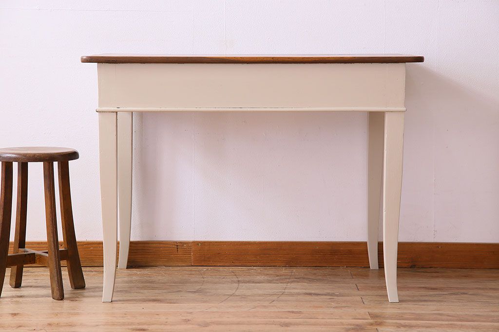 アンティーク家具　フランスアンティーク　引き出し付き!小ぶりなペイントダイニングテーブル(デスク)