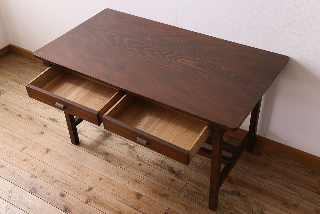 アンティーク家具　両面引き出し付き　アンティーク　古い木製のシンプルな作業台(平机・テーブル)