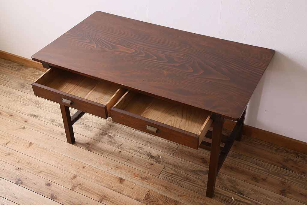 アンティーク家具　両面引き出し付き　アンティーク　古い木製のシンプルな作業台(平机・テーブル)