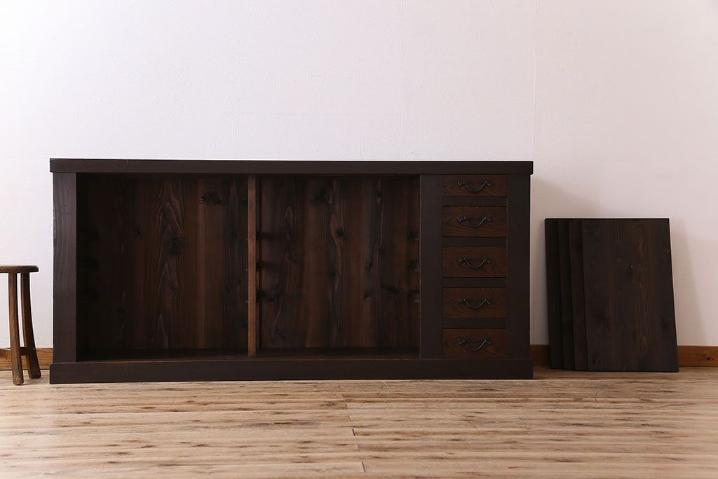 アンティーク家具　古民具・骨董　六尺　昇り引き出し付き!古い水屋箪笥サイドボード(リビングボード・テレビボード)