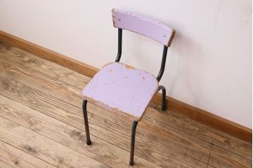 ヴィンテージ家具　イギリスビンテージ　ピンクペイント　鉄脚スクールチェア(チャイルドチェア、キッズチェア、ダイニングチェア、板座チェア、ベビーチェア、こども椅子、子どもイス、ビンテージ、英国)(3)(R-024500)