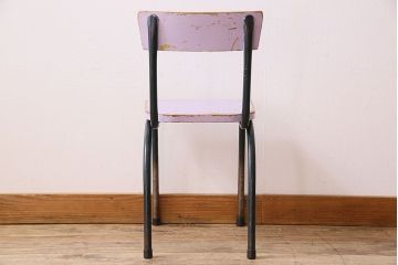 ヴィンテージ家具　イギリスビンテージ　ピンクペイント　鉄脚スクールチェア(チャイルドチェア、キッズチェア、ダイニングチェア、板座チェア、ベビーチェア、こども椅子、子どもイス、ビンテージ、英国)(3)(R-024500)