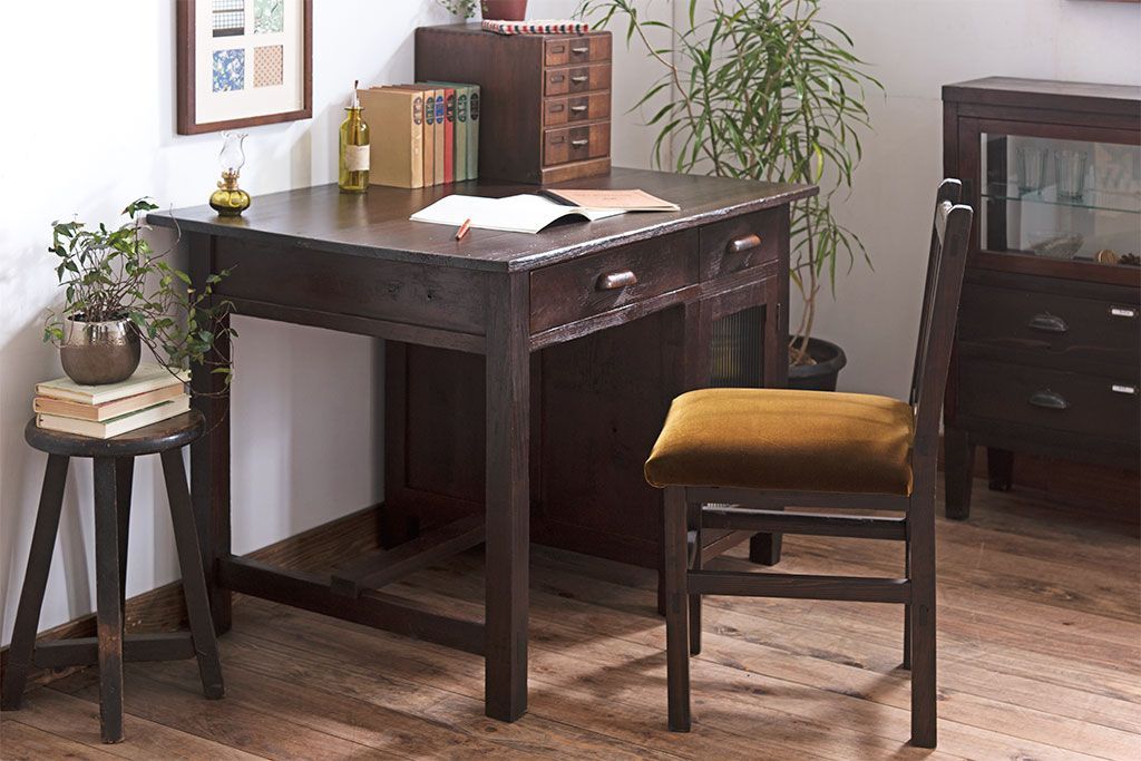 レトロ家具　和製アンティーク　モールガラス入り!古い檜材製のレトロな片袖机(学習机・デスク)