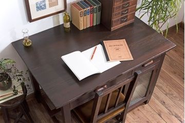 レトロ家具　和製アンティーク　モールガラス入り!古い檜材製のレトロな片袖机(学習机・デスク)