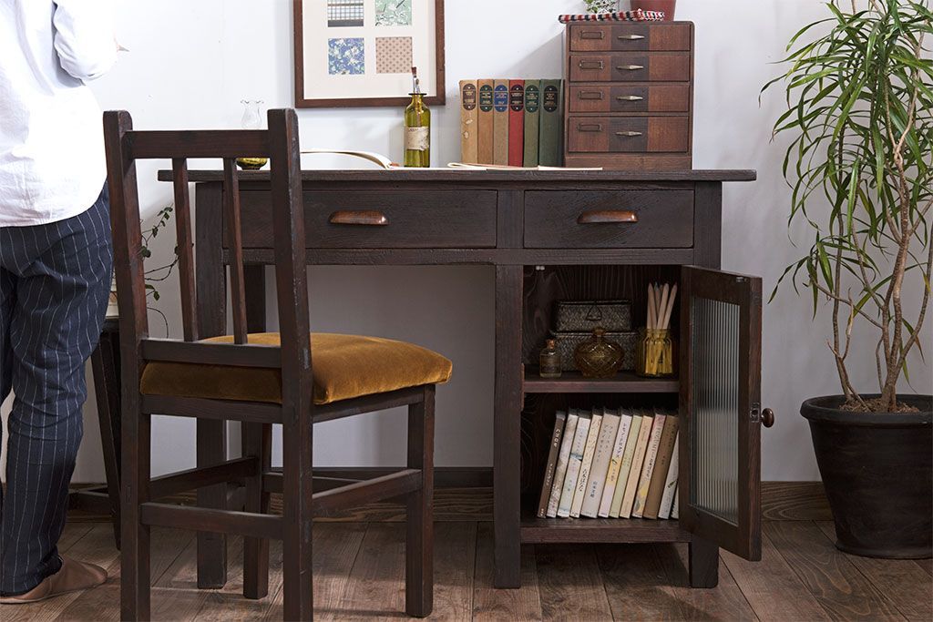 レトロ家具　和製アンティーク　モールガラス入り!古い檜材製のレトロな片袖机(学習机・デスク)