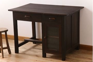 レトロ家具　和製アンティーク　モールガラス入り!古い檜材製のレトロな片袖机(学習机・デスク)