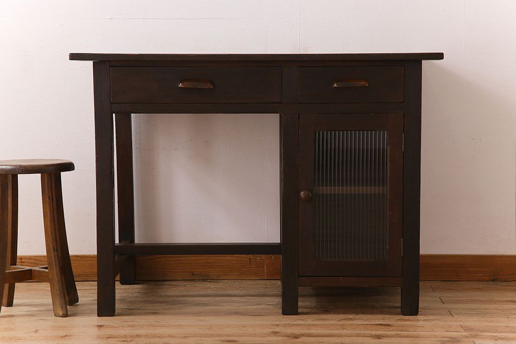 レトロ家具　和製アンティーク　モールガラス入り!古い檜材製のレトロな片袖机(学習机・デスク)