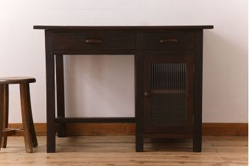 レトロ家具　和製アンティーク　モールガラス入り!古い檜材製のレトロな片袖机(学習机・デスク)