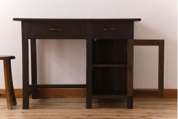 レトロ家具　和製アンティーク　モールガラス入り!古い檜材製のレトロな片袖机(学習机・デスク)