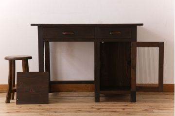 レトロ家具　和製アンティーク　モールガラス入り!古い檜材製のレトロな片袖机(学習机・デスク)