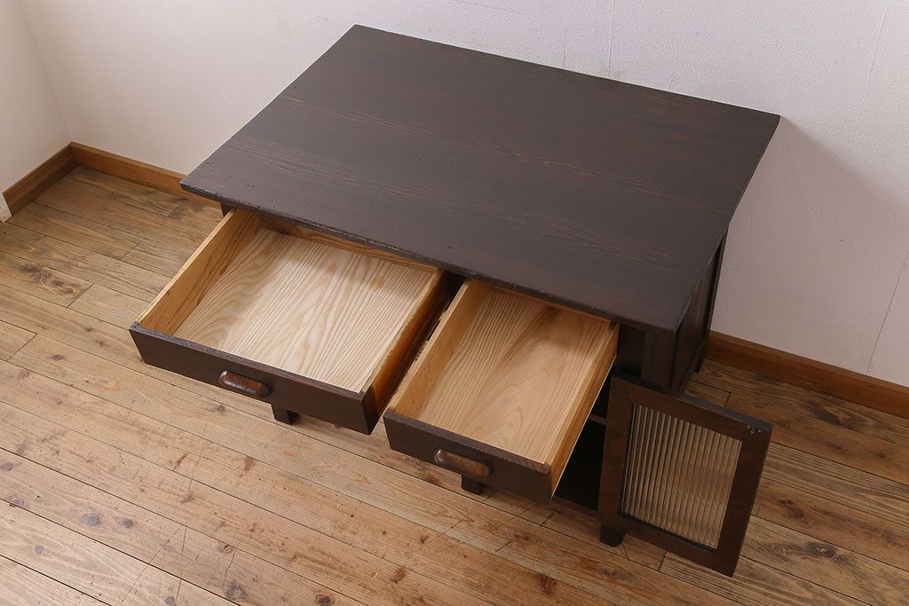 レトロ家具　和製アンティーク　モールガラス入り!古い檜材製のレトロな片袖机(学習机・デスク)