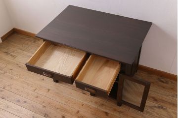 レトロ家具　和製アンティーク　モールガラス入り!古い檜材製のレトロな片袖机(学習机・デスク)