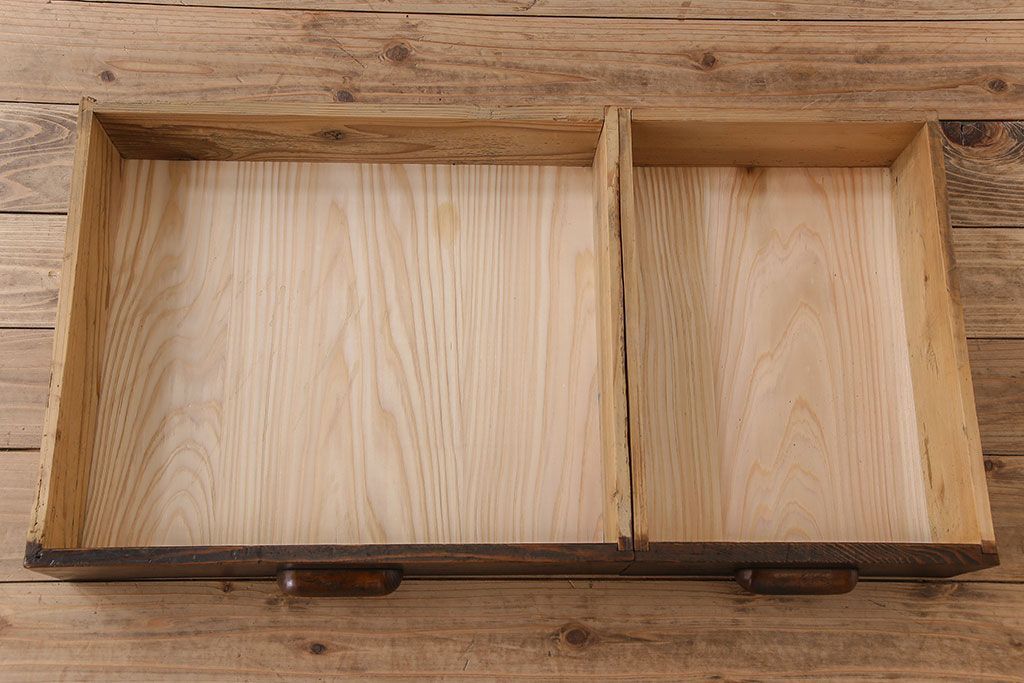 レトロ家具　和製アンティーク　モールガラス入り!古い檜材製のレトロな片袖机(学習机・デスク)