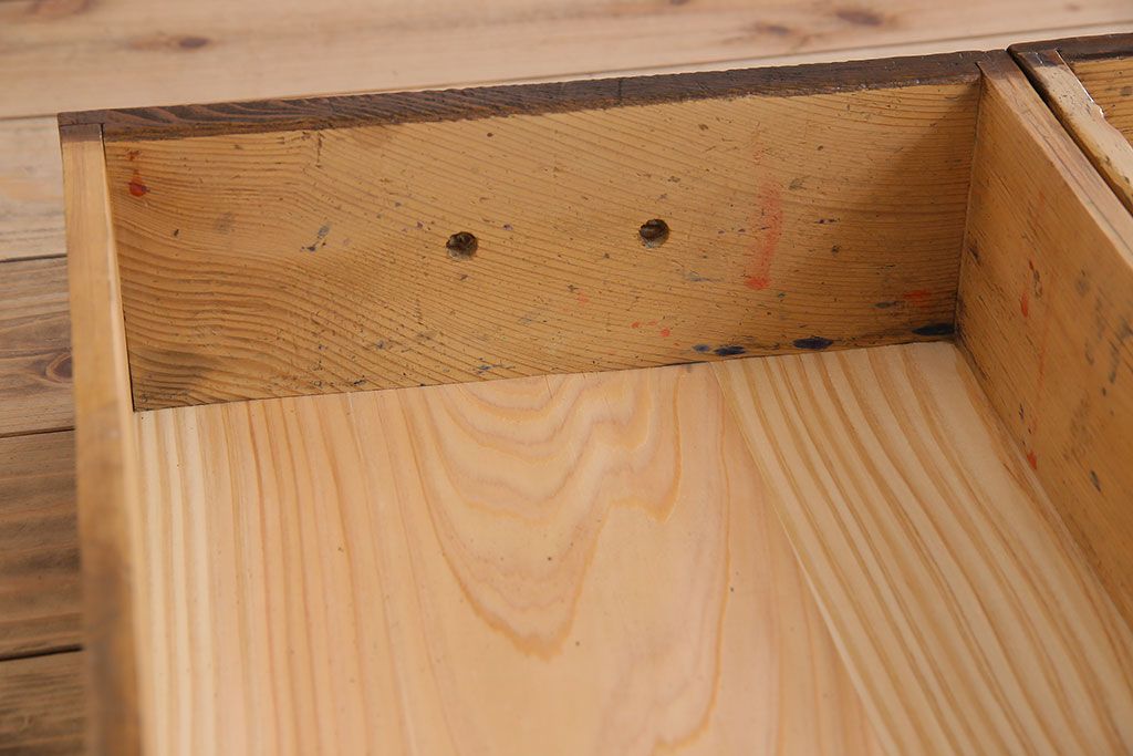 レトロ家具　和製アンティーク　モールガラス入り!古い檜材製のレトロな片袖机(学習机・デスク)