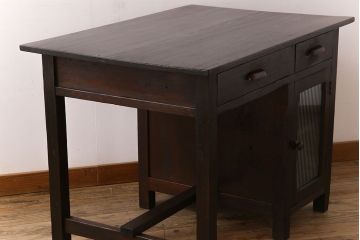 レトロ家具　和製アンティーク　モールガラス入り!古い檜材製のレトロな片袖机(学習机・デスク)