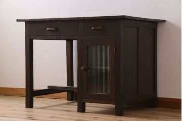 レトロ家具　和製アンティーク　モールガラス入り!古い檜材製のレトロな片袖机(学習机・デスク)