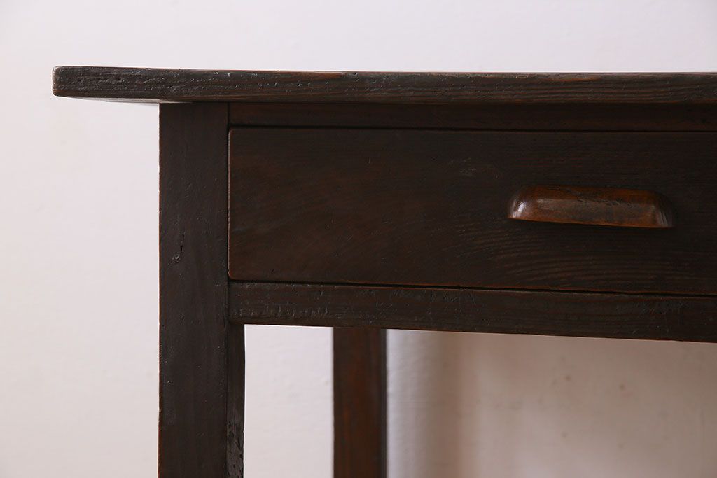 レトロ家具　和製アンティーク　モールガラス入り!古い檜材製のレトロな片袖机(学習机・デスク)