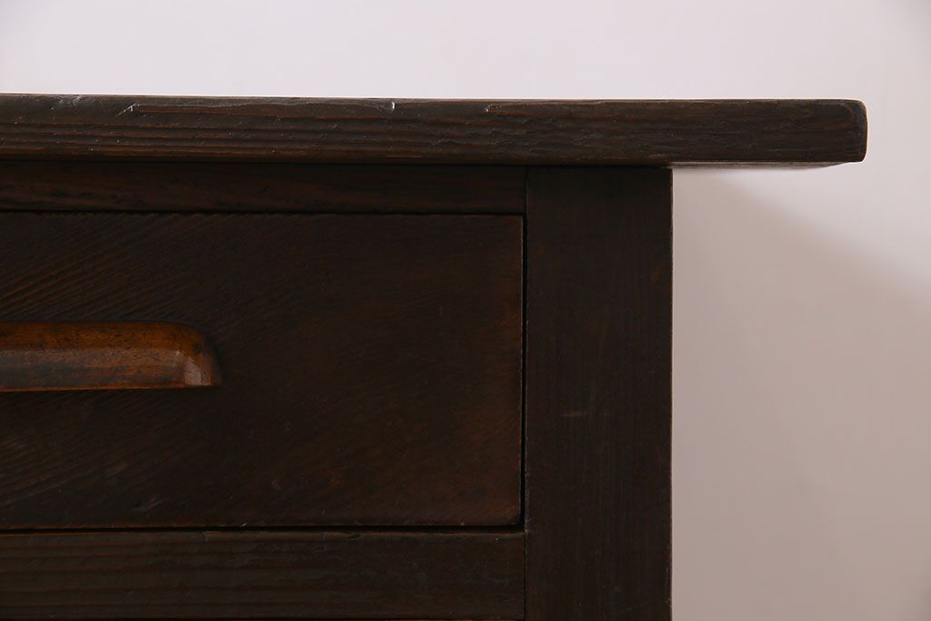 レトロ家具　和製アンティーク　モールガラス入り!古い檜材製のレトロな片袖机(学習机・デスク)