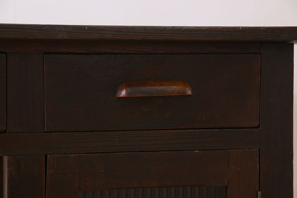 レトロ家具　和製アンティーク　モールガラス入り!古い檜材製のレトロな片袖机(学習机・デスク)