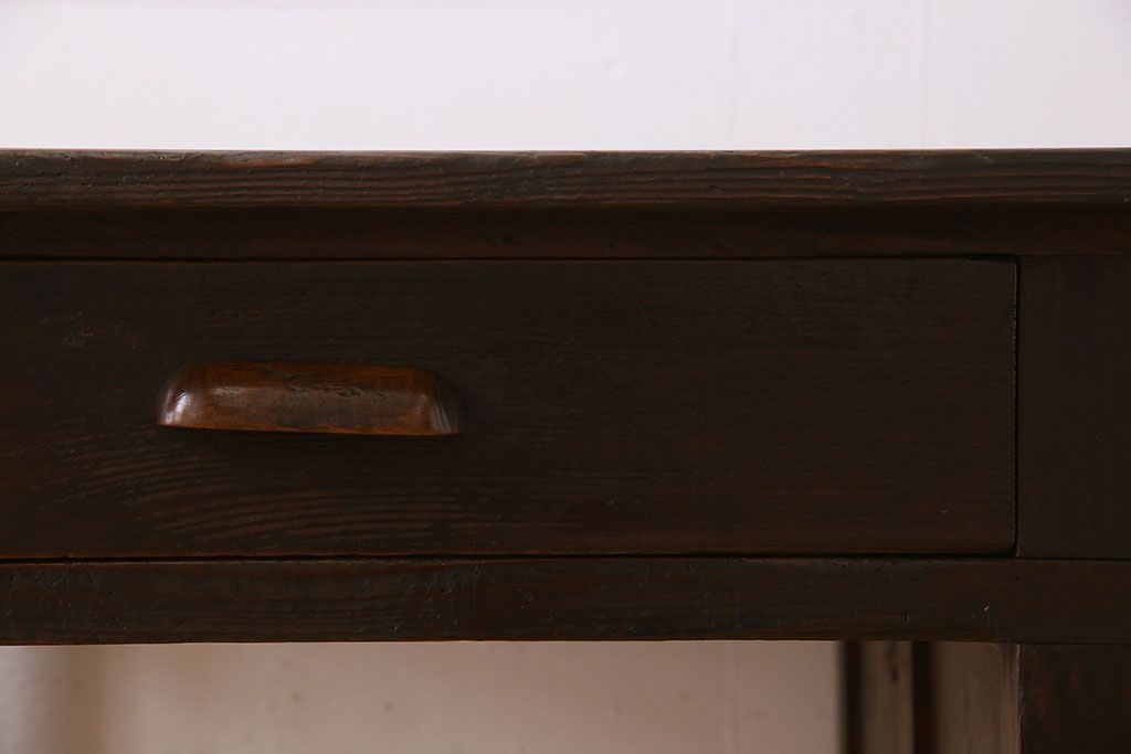 レトロ家具　和製アンティーク　モールガラス入り!古い檜材製のレトロな片袖机(学習机・デスク)