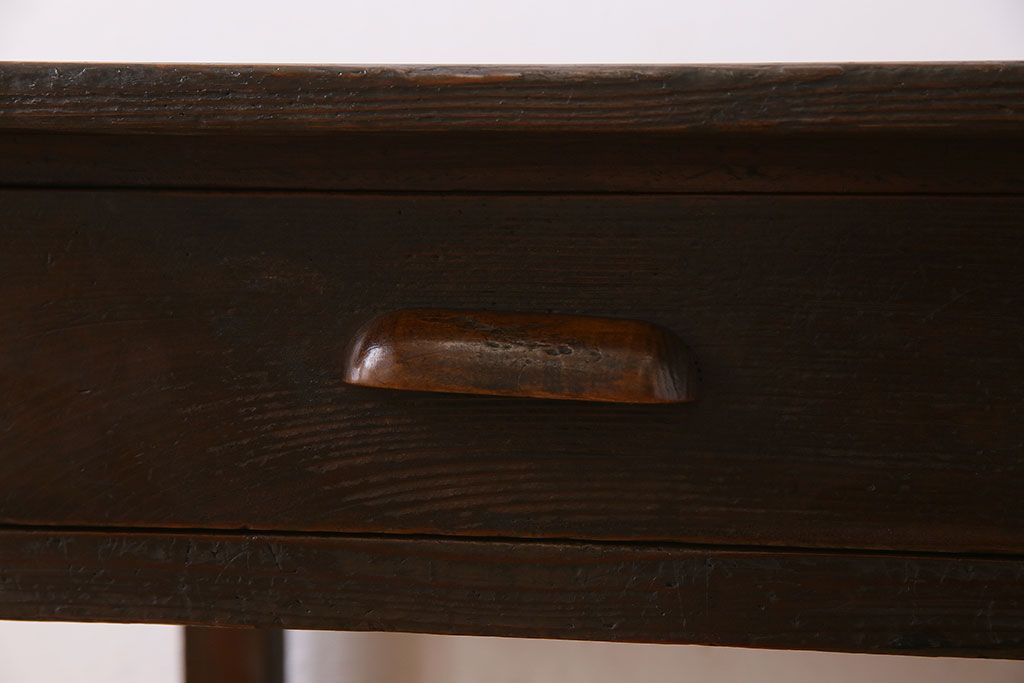 レトロ家具　和製アンティーク　モールガラス入り!古い檜材製のレトロな片袖机(学習机・デスク)