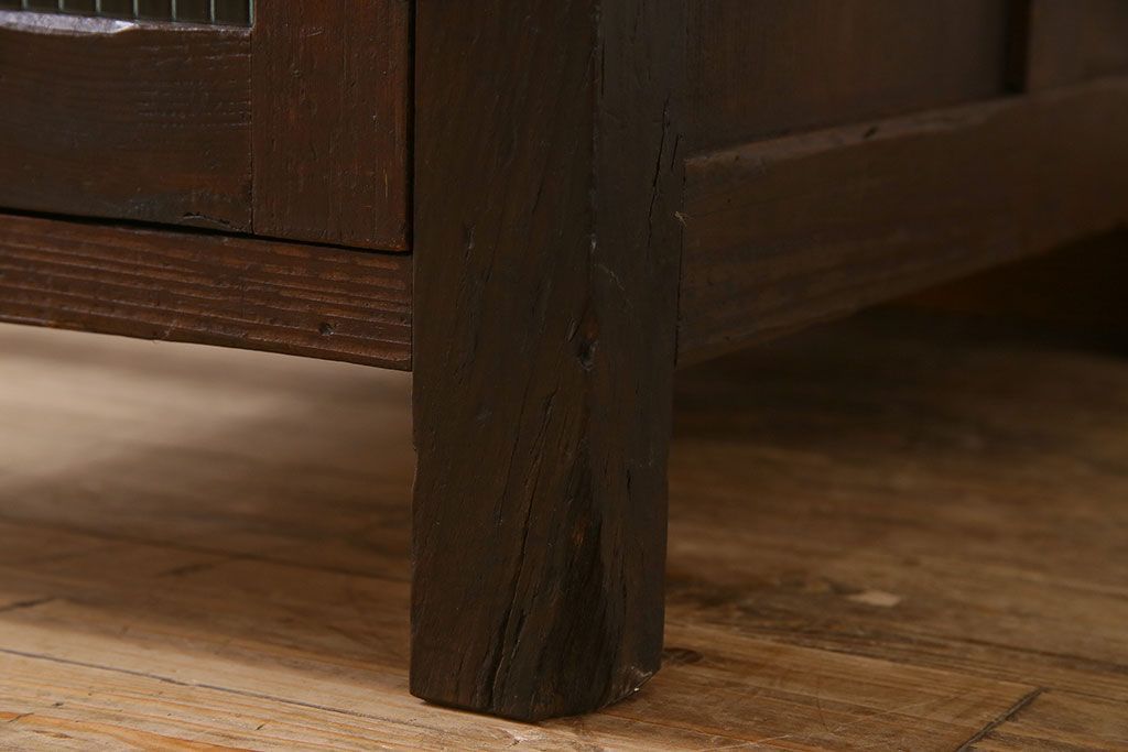 レトロ家具　和製アンティーク　モールガラス入り!古い檜材製のレトロな片袖机(学習机・デスク)