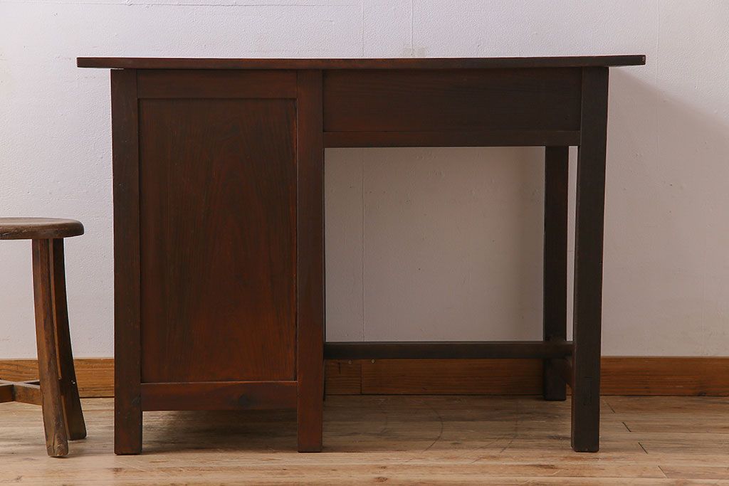 レトロ家具　和製アンティーク　モールガラス入り!古い檜材製のレトロな片袖机(学習机・デスク)