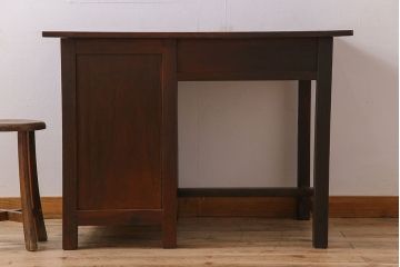 レトロ家具　和製アンティーク　モールガラス入り!古い檜材製のレトロな片袖机(学習机・デスク)