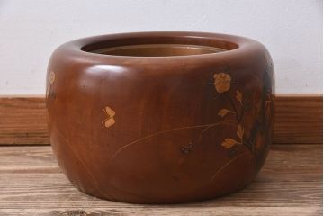 アンティーク雑貨　古民具・骨董　栃の木　木製　蒔絵が美しい刳り貫き火鉢