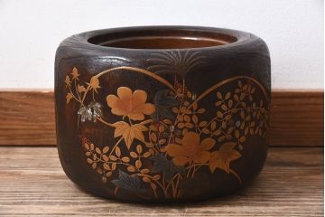 アンティーク雑貨　古民具・骨董　大正〜昭和初期　刳り貫き　古い・蒔絵桐火鉢(2)