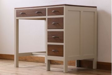 アンティーク家具　アンティークペイント 木のぬくもりとお洒落なカラーリングが素敵な片袖机(テーブル、デスク、在宅ワーク、在宅用)