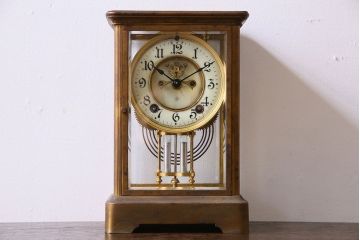 アンティーク雑貨　アンティーク　ANSONIA(アンソニア)　美しい真鍮の4面硝子置時計