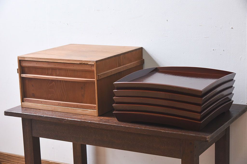 アンティーク雑貨　明治期　古民具・骨董　金森春次作　布目塗り　お盆5枚セット(箱付)