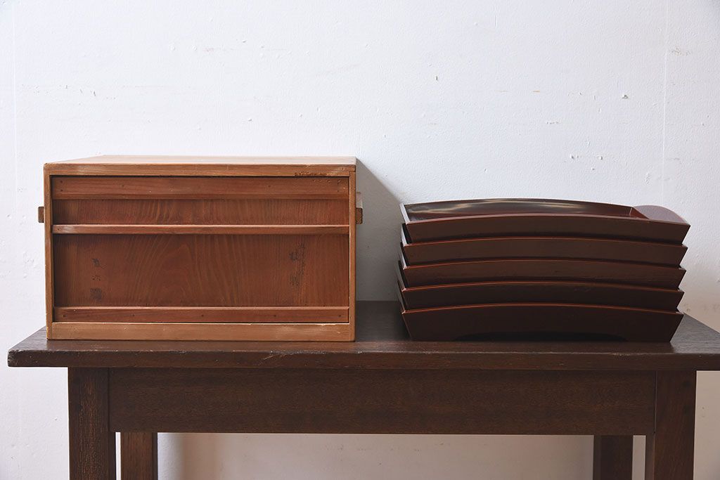 アンティーク雑貨　明治期　古民具・骨董　金森春次作　布目塗り　お盆5枚セット(箱付)