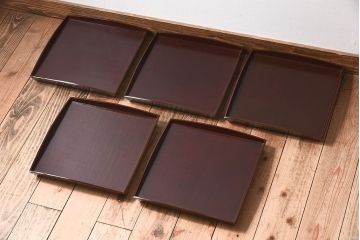アンティーク雑貨　明治期　古民具・骨董　金森春次作　布目塗り　お盆5枚セット(箱付)