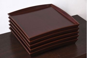 アンティーク雑貨　明治期　古民具・骨董　金森春次作　布目塗り　お盆5枚セット(箱付)