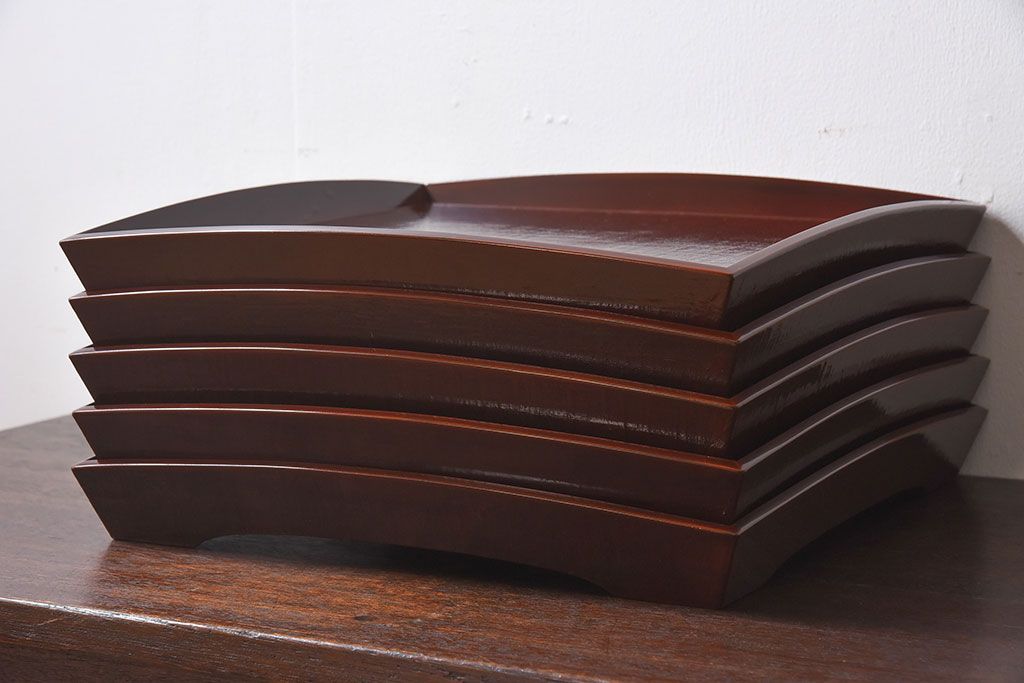 アンティーク雑貨　明治期　古民具・骨董　金森春次作　布目塗り　お盆5枚セット(箱付)