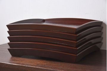 アンティーク雑貨　明治期　古民具・骨董　金森春次作　布目塗り　お盆5枚セット(箱付)