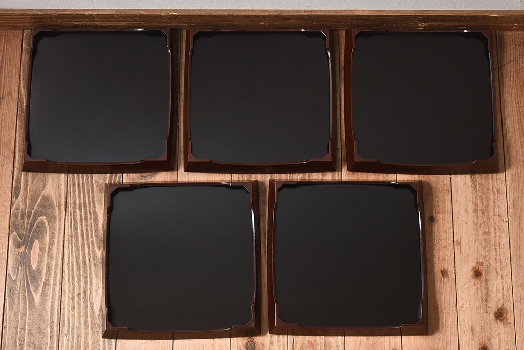 アンティーク雑貨　明治期　古民具・骨董　金森春次作　布目塗り　お盆5枚セット(箱付)