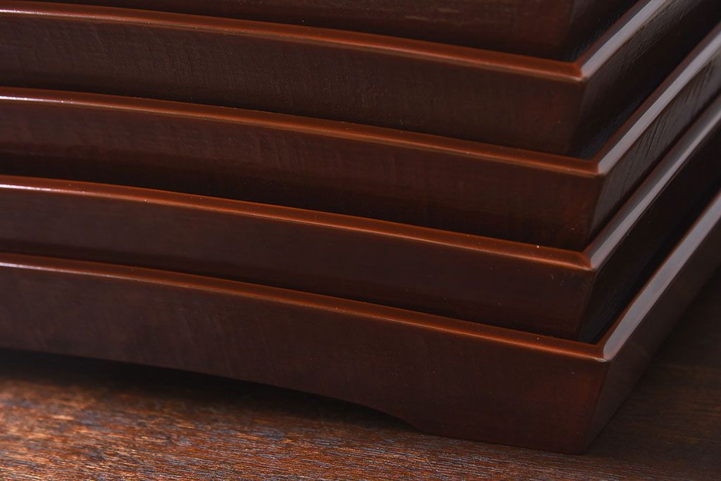 アンティーク雑貨　明治期　古民具・骨董　金森春次作　布目塗り　お盆5枚セット(箱付)